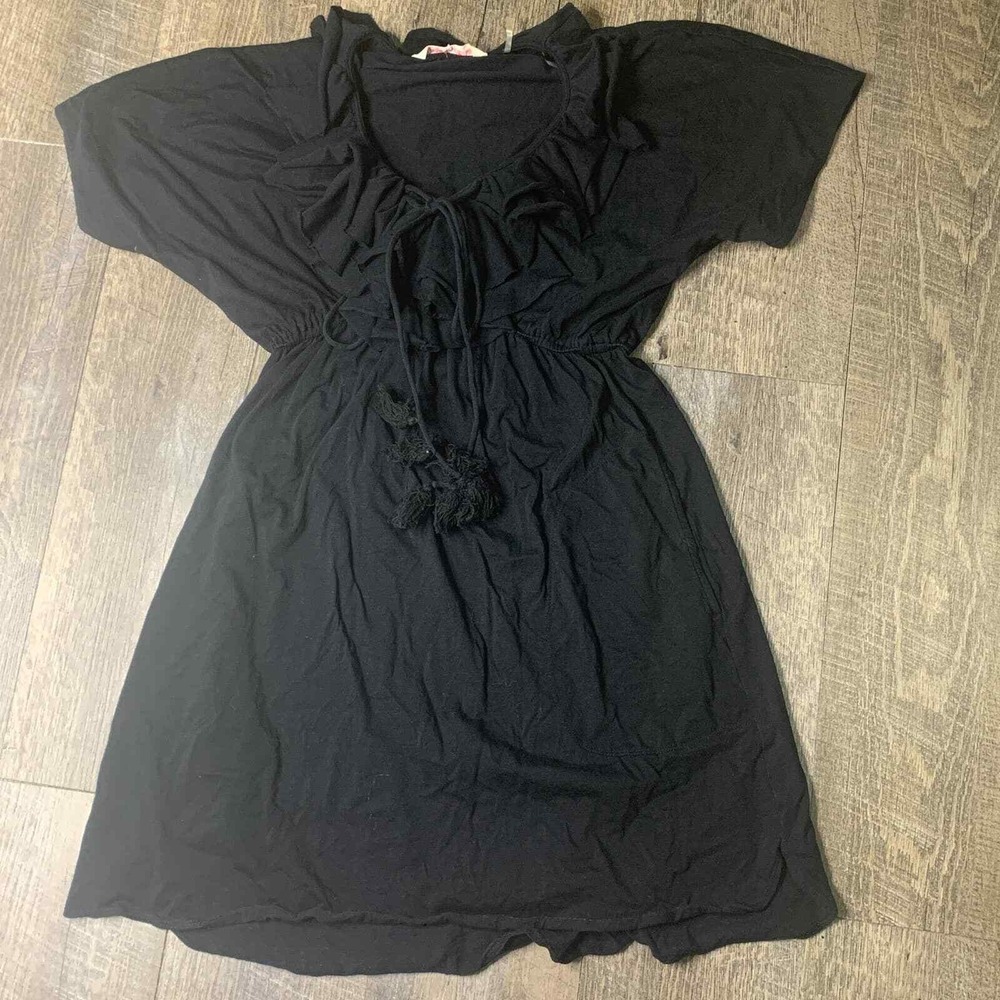 Rebecca Taylor Dress Womens Size XS‎ Black Ruffle Tasseled Neck Elastic Waist